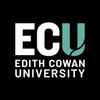 Logo of Edith Cowan University with bold white and teal letters on black background.