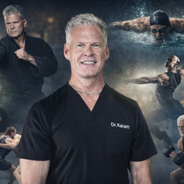 Dr. Karam in black scrubs with fitness and swimming action shots in the background.