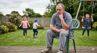 An elderly man sits pensively while children play behind him in a garden.