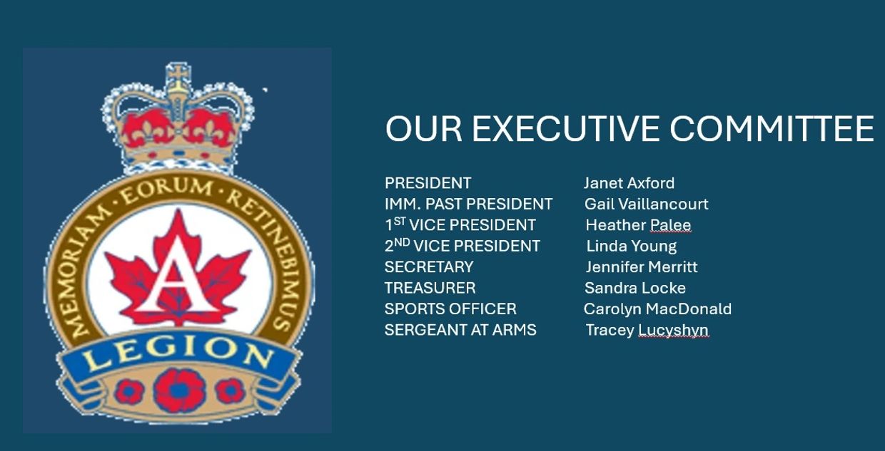 Executive committee list with Legion emblem on blue background.