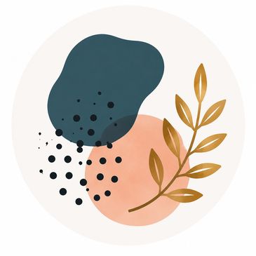 Abstract botanical art with shapes and leaves.