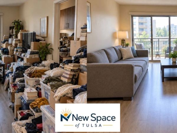 Before and after photo of a cluttered and then clean living room.