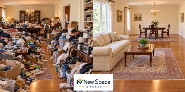 A cluttered living room transformed into a clean, organized space.