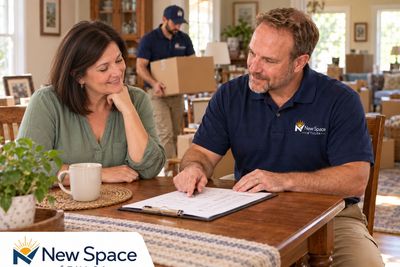 A woman and a man discussing paperwork at a table.
