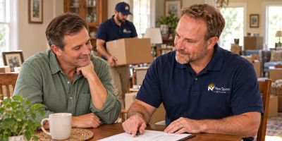 Two men discussing documents while a mover works in background.