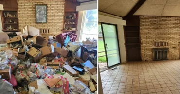 Before and after images of a cleaned living room with a fireplace.