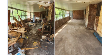 Before and after cleaning of a cluttered porch area.