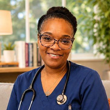 Smiling female healthcare worker in blue scrubs with stethoscope.