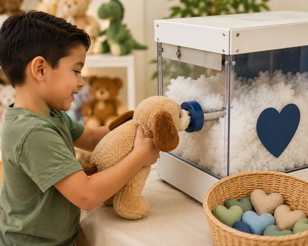 A boy plays with a stuffed dog and a machine filled with white balls.