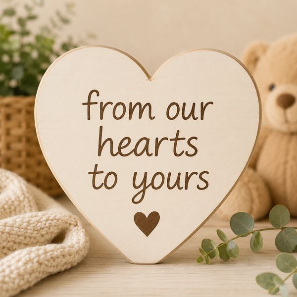 Heart-shaped wooden sign with a loving message and cozy background.