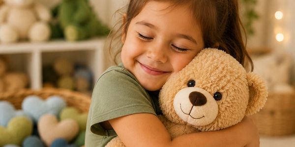 A happy girl hugging a teddy bear with a warm smile.