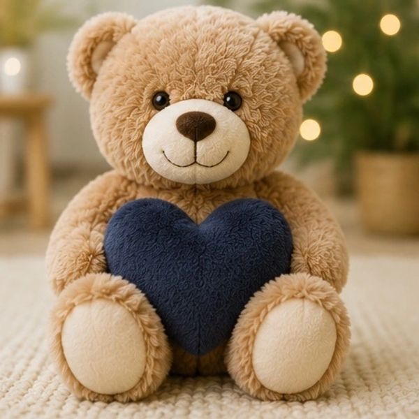 Cute teddy bear holding a navy blue heart plush.