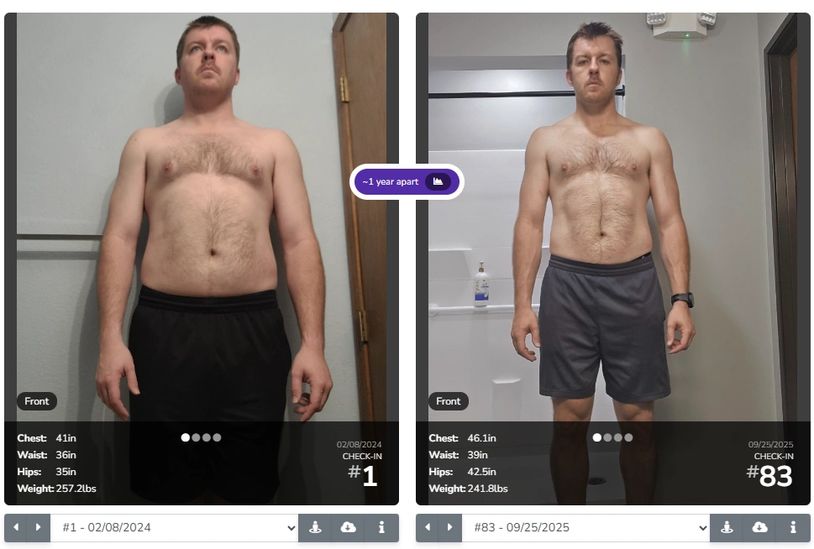 Member progress photo showing body transformation.