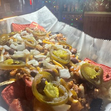 Chili Cheese Nachos: Delicious snack, great bar food, great with a beer or cocktail