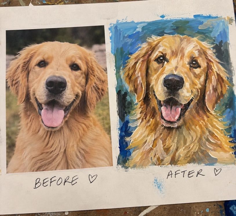 Photo and painting of a happy golden retriever labeled before and after.
