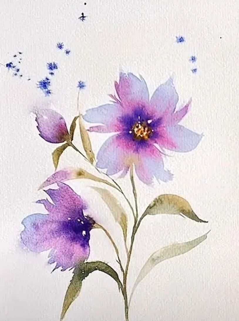 Delicate watercolor painting of purple flowers with green leaves.