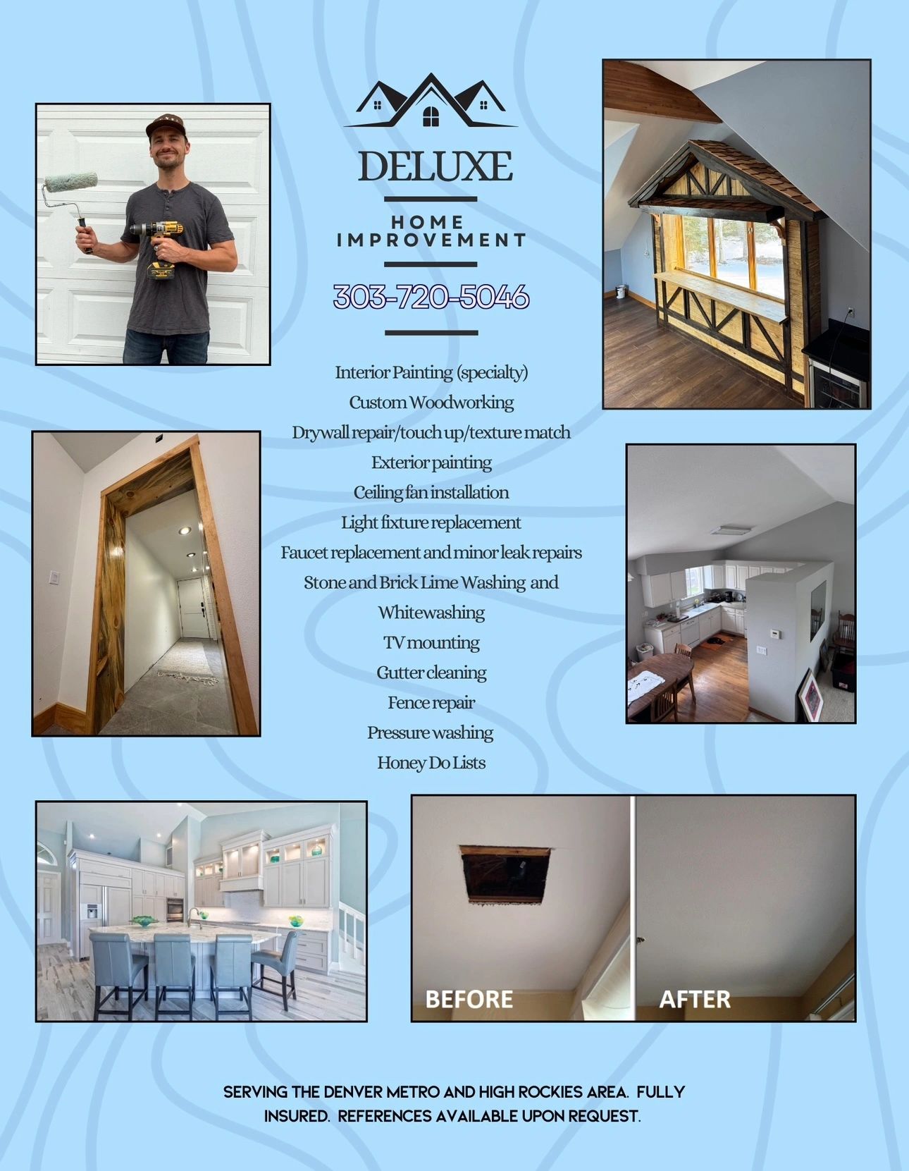Deluxe Home Improvement offers various services with before and after examples and contact info.