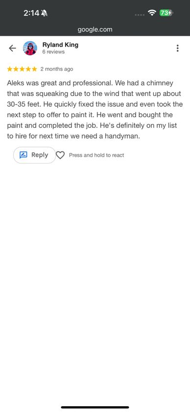 Positive review praising Aleks for fixing and painting a chimney professionally.
