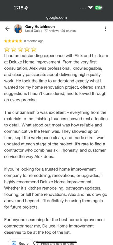 Positive customer review praising Alex and Deluxe Home Improvement for professionalism and quality work.