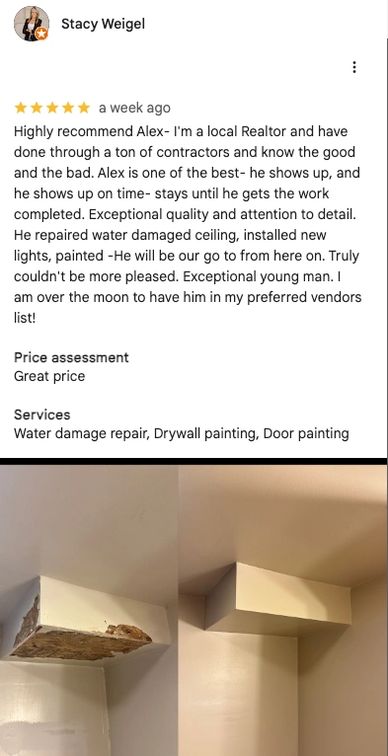 Before and after photos of water damage repair and painting on a ceiling corner.