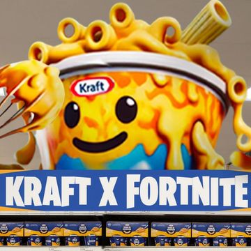 Kraft Mac and Cheese cartoon character with Fortnite branding.