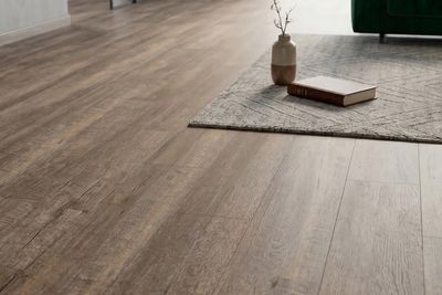 Wooden floor with a gray rug, a book, and a vase with branches.