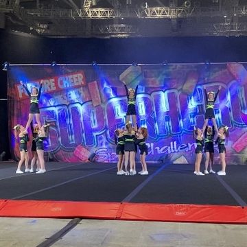 Cheerleaders performing stunts at a cheerleading competition.