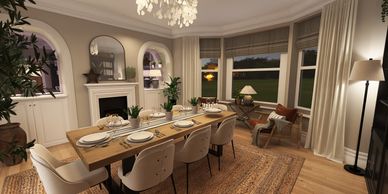 Cozy dining area with a wooden table set for six.