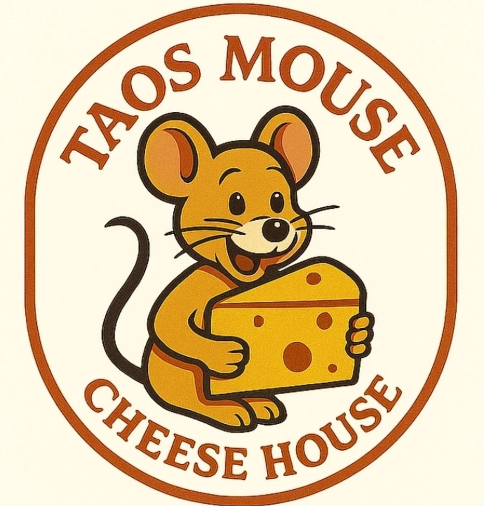 Logo of Taos Mouse Cheese House with a happy mouse holding cheese.