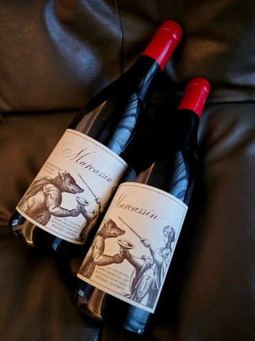 Two bottles of red wine with artistic labels featuring a bear and a woman.