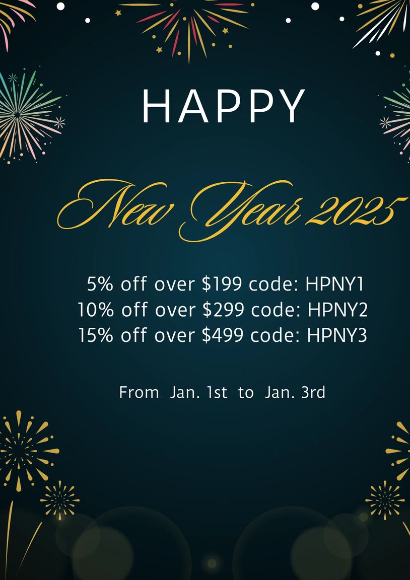 New Year 2025 sale with discount codes and fireworks celebration.