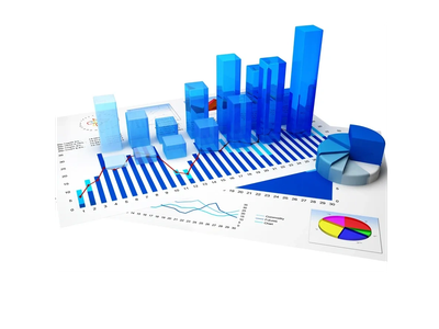 3D blue bar chart and pie charts on financial data sheets.