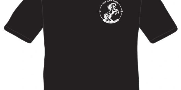 Black T-shirt with a white horse logo and text.