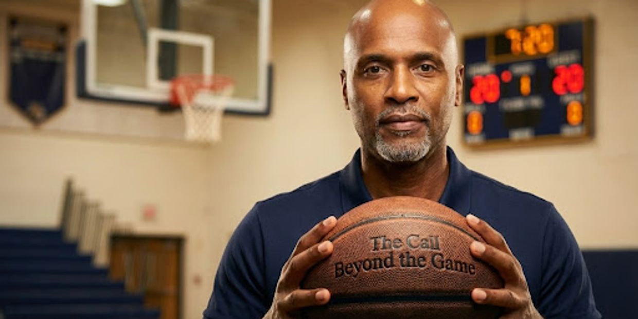 Man holding a basketball with text in a gymnasium.