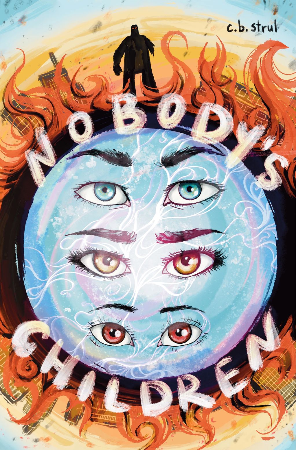 Illustrated poster with eyes, flames, and shadowy figure.