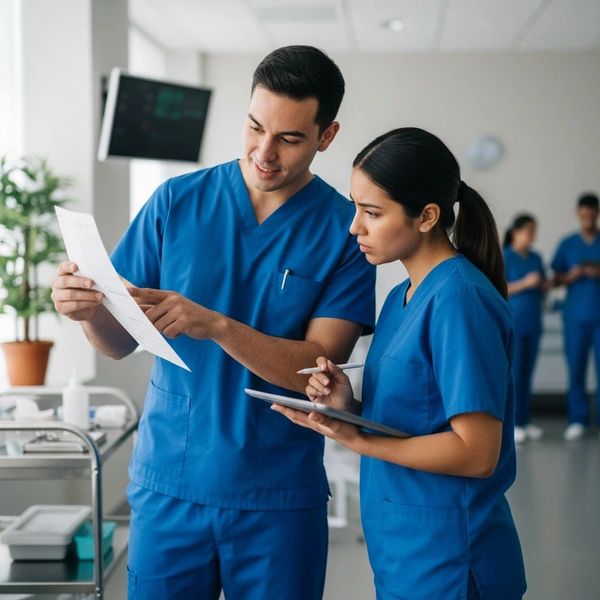 Two healthcare professionals in blue scrubs reviewing medical documents together.