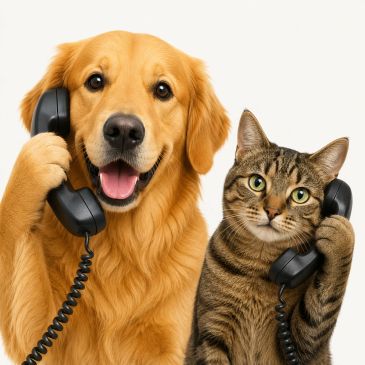 A golden retriever and tabby cat holding telephones, appearing to talk.