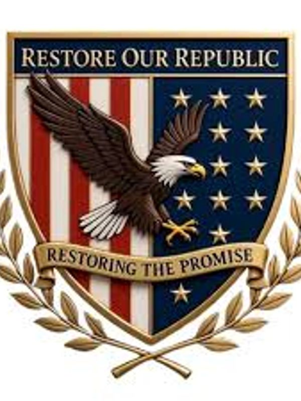 Emblem with an eagle, stars, stripes, and the phrases 'Restore Our Republic' and 'Restoring the Promise'.
