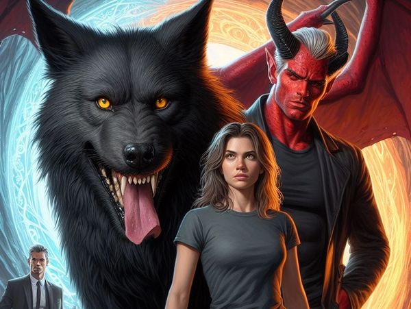 a young woman with a demonic shapeshifter, a werewolf in front of a portal  and a man in a suit
