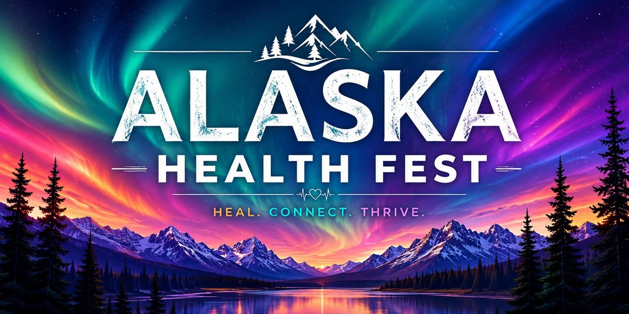 Alaska Health Fest with vibrant northern lights over mountains and lake.