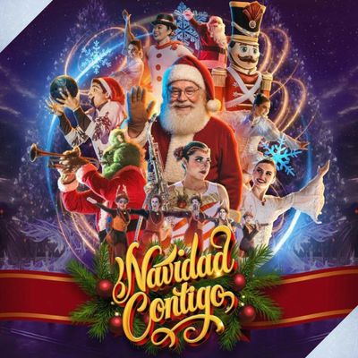 Santa Claus and festive characters celebrate with "Navidad Contigo" theme.