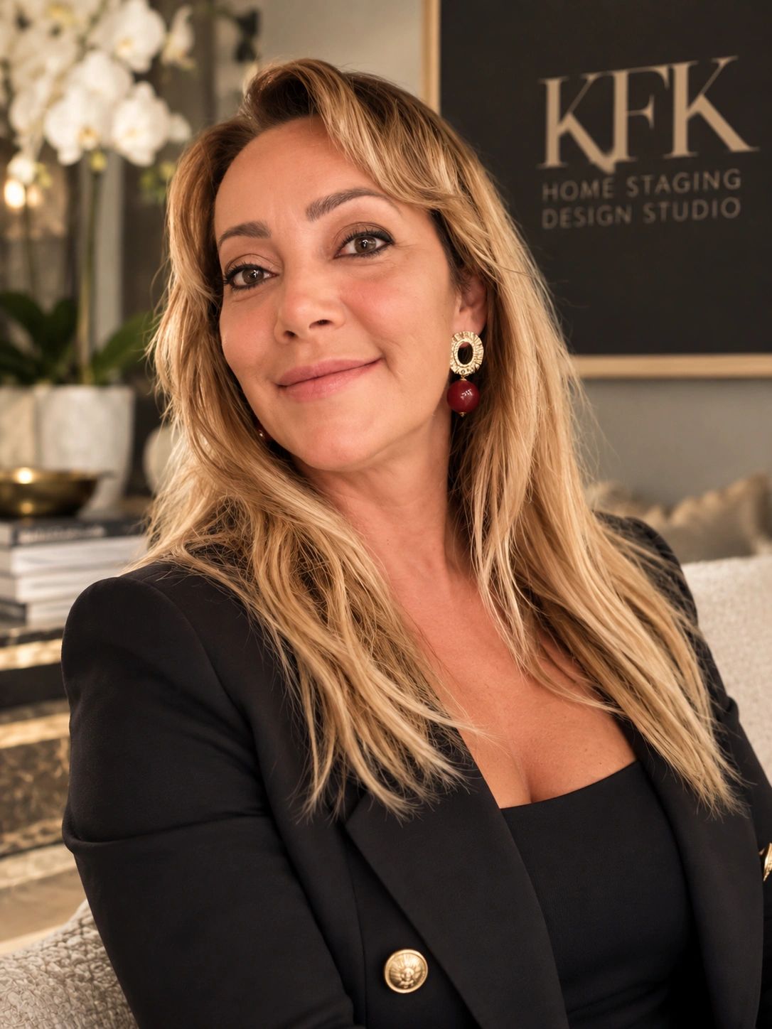 Mulher loira sorridente vestindo blazer preto.