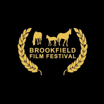 Golden logo of Brookfield Film Festival with three horse silhouettes and laurel wreaths on black.