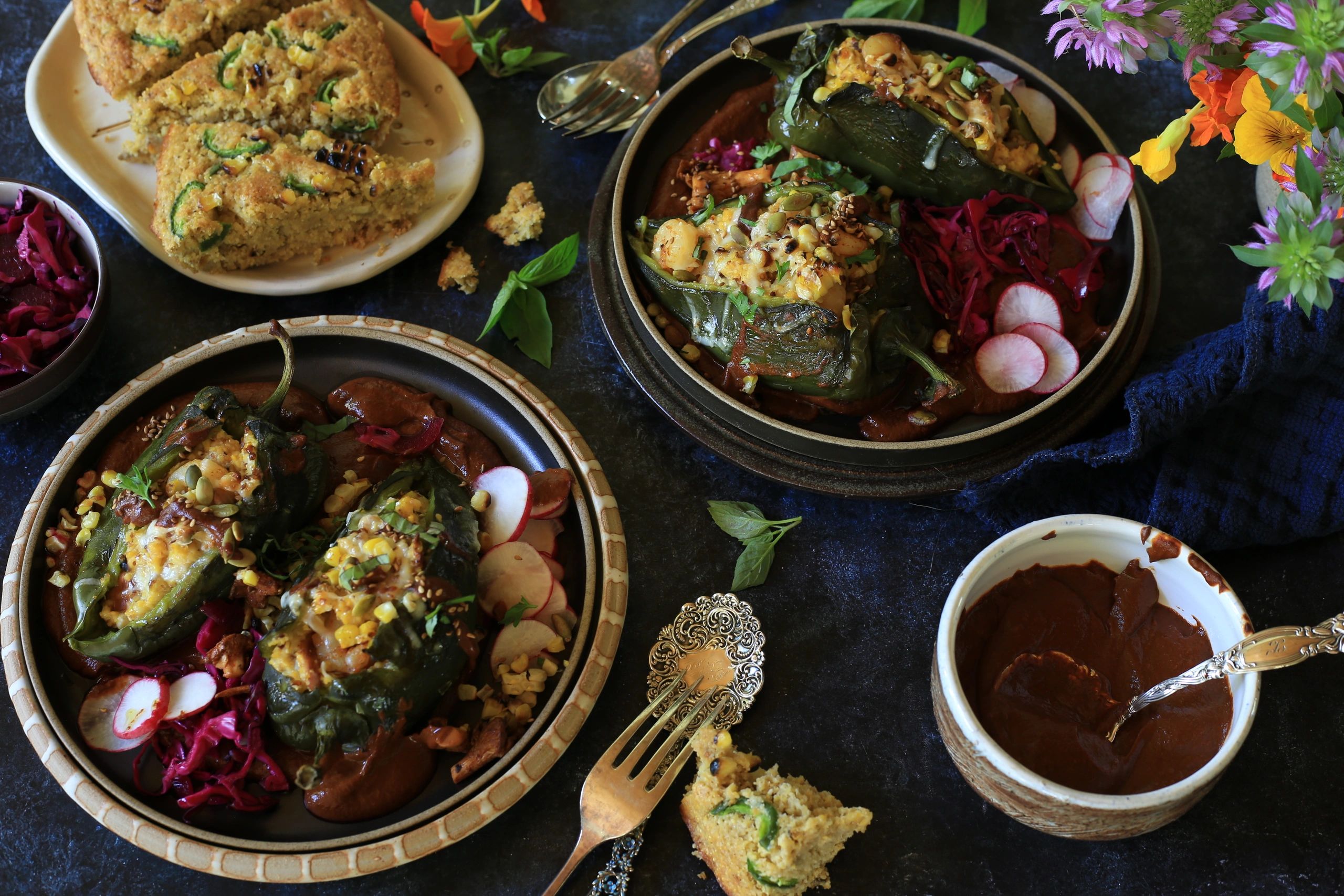 POLENTA SHRIMP STUFFED POBLANO PEPPERS WITH DARK MOLE SAUCE