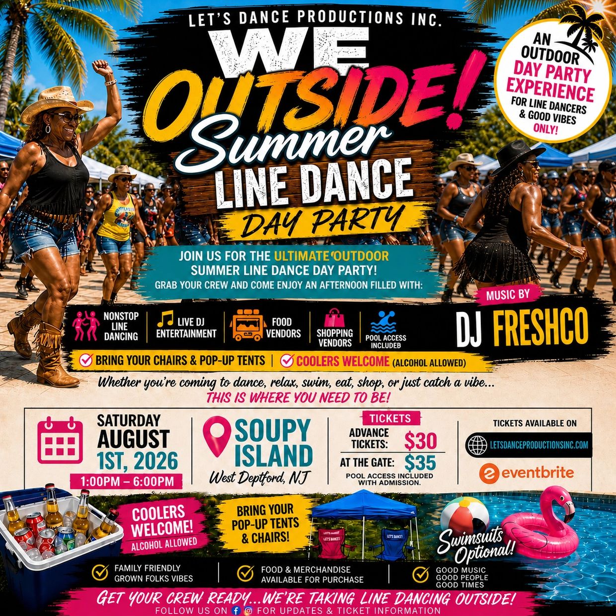 Outdoor summer line dance day party with DJ Freshco, food vendors, and live entertainment.