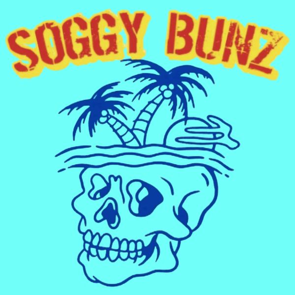 A drawing of a skull with palm trees on it.