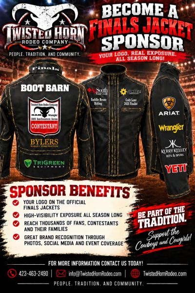 Sponsorship offer for Twisted Horn Rodeo finals jackets with brand logos and benefits.