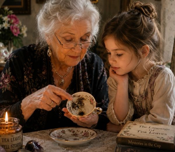Elderly woman and young girl reading tea leaves together.
