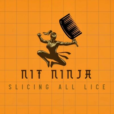 Logo of Nit Ninja with a ninja holding a comb, slogan slicing all lice.