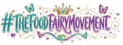 Colorful hashtag logo for #TheFoodFairyMovement with butterflies.